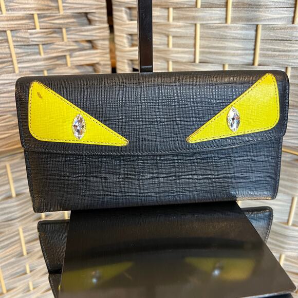 RARE Fendi Black Vitello Elite Calfskin Leather Crystal Eye Monster Long Wallet - Picture 6 of 13